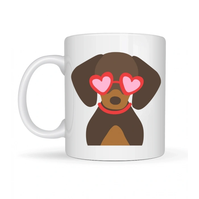 Sevimli Dachshund (Sosis Köpek) Desenli Porselen Kupa Model 47 – Kalpli Gözlüklü Köpek Figürlü, Hediye Kupası
