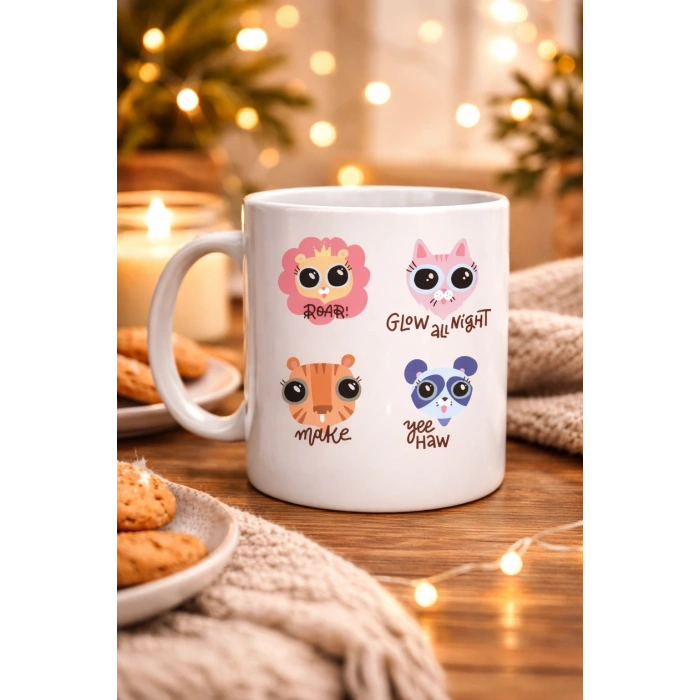 Sevimli Hayvan Figürlü Porselen Kupa MODEL 70 – “Roar • Glow All Night • Make • Yee Haw” Tasarımlı Özel Baskı Kupa