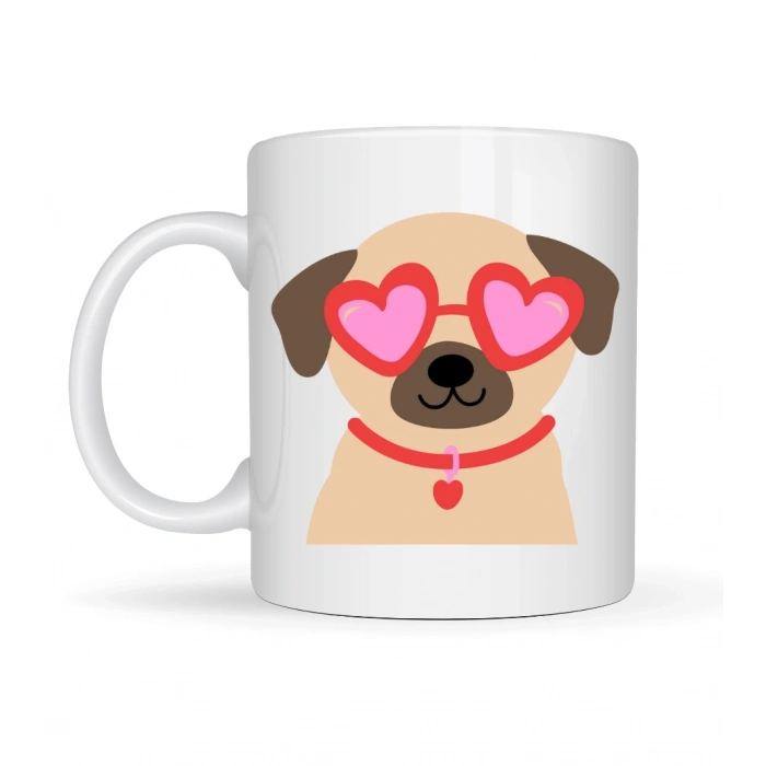 Sevimli Kalpli Gözlüklü Köpek Desenli Porselen Kupa Model 46 – Aşk Dolu Tasarım Hediyelik Kahve Kupası