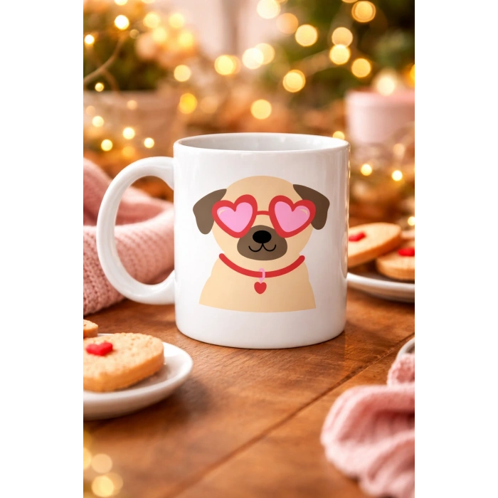 Sevimli Kalpli Gözlüklü Köpek Desenli Porselen Kupa Model 46 – Aşk Dolu Tasarım Hediyelik Kahve Kupası