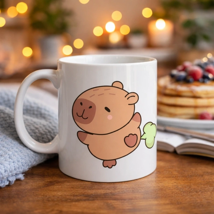 Sevimli Kapibara Desenli Porselen Kupa MODEL 96 CAPYBARA – Neşeli Tasarım, Kahve & Çay Kupası, Hediyelik Porselen Bardak