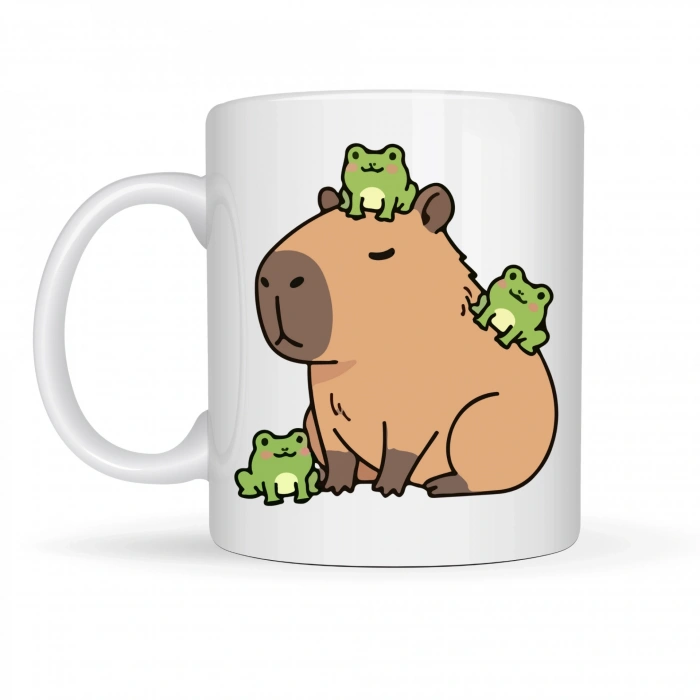Sevimli Kapibara ve Kurbağa Desenli Porselen Kupa MODEL 98 – Eğlenceli Tasarım, Kahve & Çay Kupası, Hediye Fikri