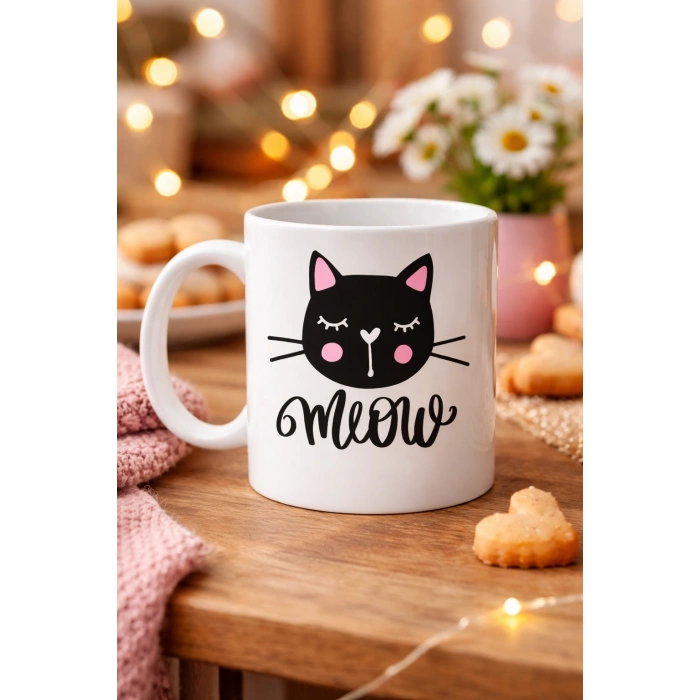 Sevimli Kedi Desenli Porselen Kupa MODEL 63 – “Meow” Yazılı Kahve & Çay Keyfi İçin Tatlı Tasarım
