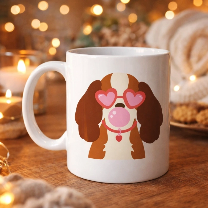Sevimli Köpek Figürlü Kalpli Gözlüklü Porselen Kupa Model 45 – Aşk Dolu Tasarım