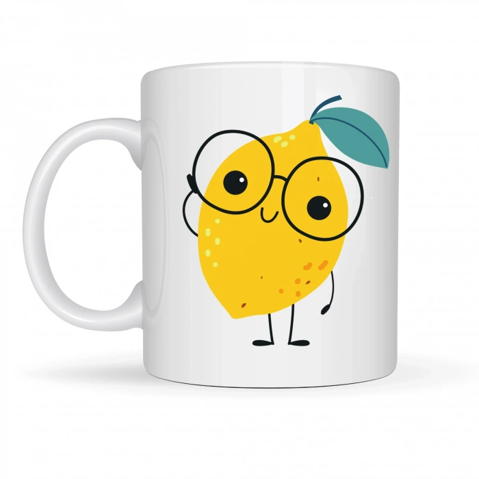 Sevimli Limon Tasarımlı Porselen Kupa MODEL 121 – Gözlüklü Tatlı Limon Figürlü Kahve & Çay Kupası