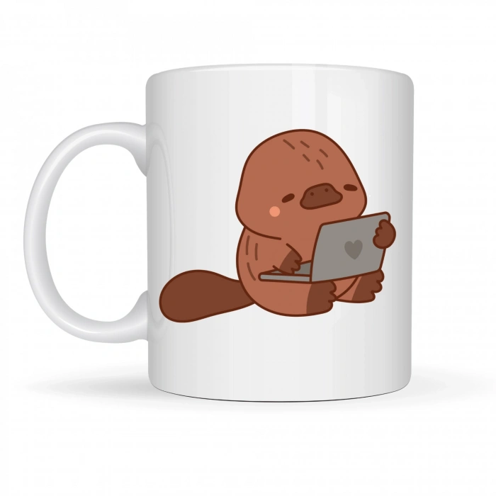 Sevimli Ornitorenk Tasarımlı Porselen Kupa MODEL 116 – Laptoplu Tatlı Hayvan Figürlü Kahve Kupası , Ofis & Ev Kullanımı