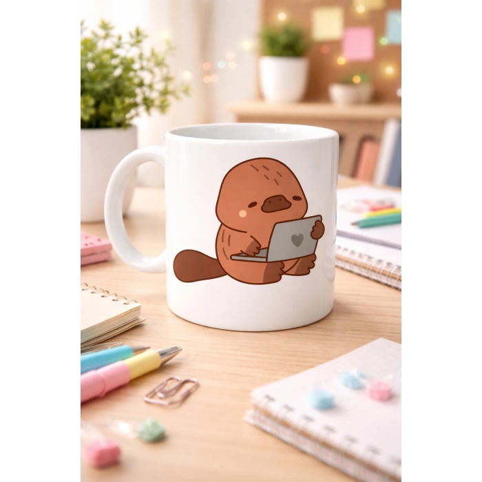 Sevimli Ornitorenk Tasarımlı Porselen Kupa MODEL 116 – Laptoplu Tatlı Hayvan Figürlü Kahve Kupası , Ofis & Ev Kullanımı