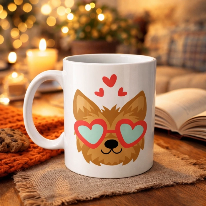 Sevimli Yorkshire Terrier Tasarımlı Porselen Kupa Model 49 – Kalpli Gözlüklü Köpek Desenli, Hediye Kupası