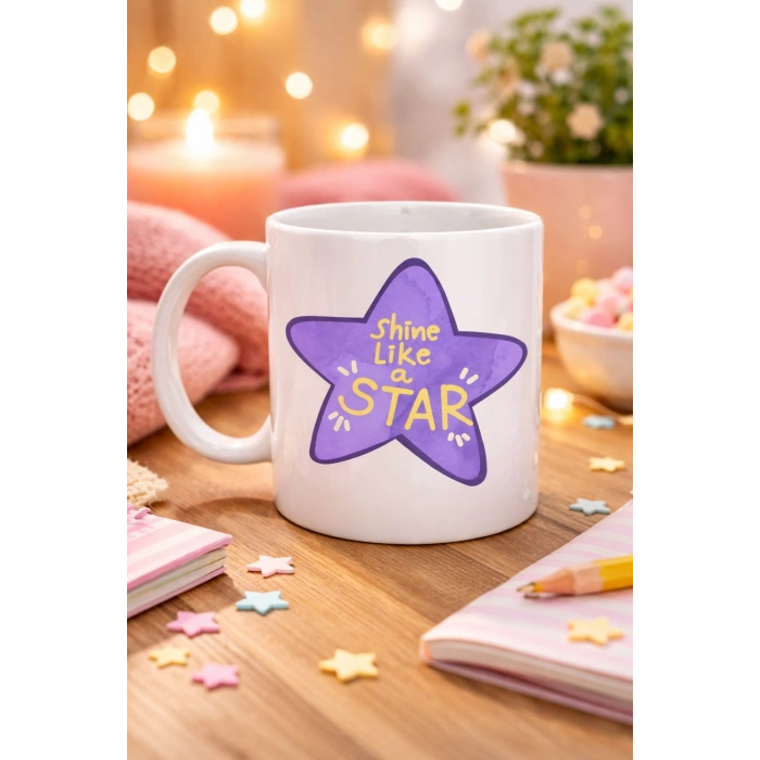 Shine Like a Star – Motivasyon Mesajlı Mor Yıldız Tasarımlı Porselen Kupa MODEL 122 , Günlük Kullanım & Hediye Kupası