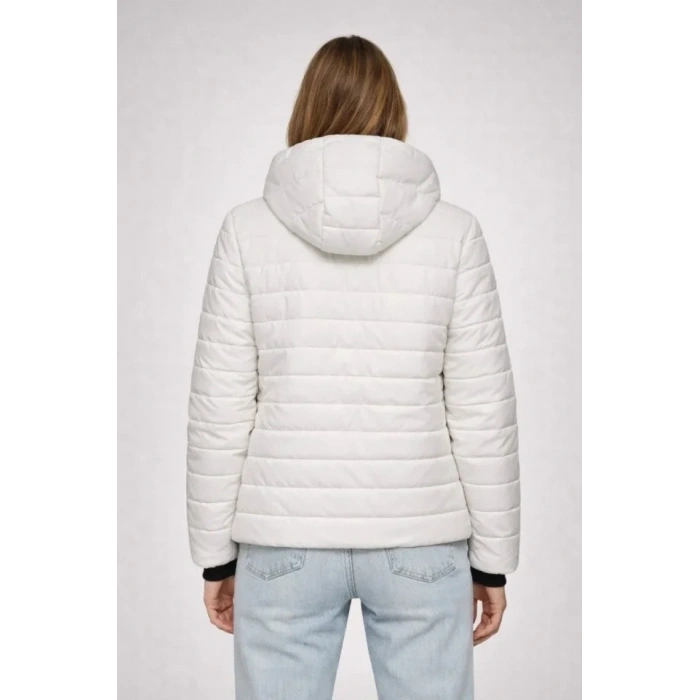 Şişme Kapüşonlu Fermuarlı Mont Su Itici Kapitone Astarlı Kumaş Cepli Kışlık Rahat Kalıp - Krem