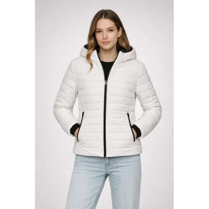 Şişme Kapüşonlu Fermuarlı Mont Su Itici Kapitone Astarlı Kumaş Cepli Kışlık Rahat Kalıp - Krem