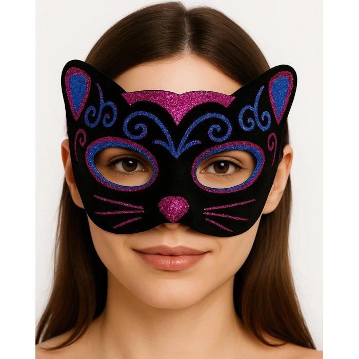 Siyah Kadife Kaplama Üzeri Pembe Mavi Sim İşlemeli Kedi Maskesi 20x13 cm