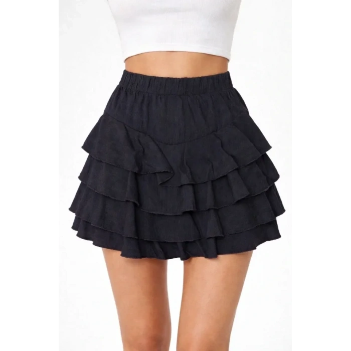 Siyah Katlı Mini Fırfıtlı Etek Lastikli Yüksel Bel, Volanlı Tasarım, Rahat Kalıp, Günlük Ve Şık Kombinelere Uygun Yazlık Etek - Siyah