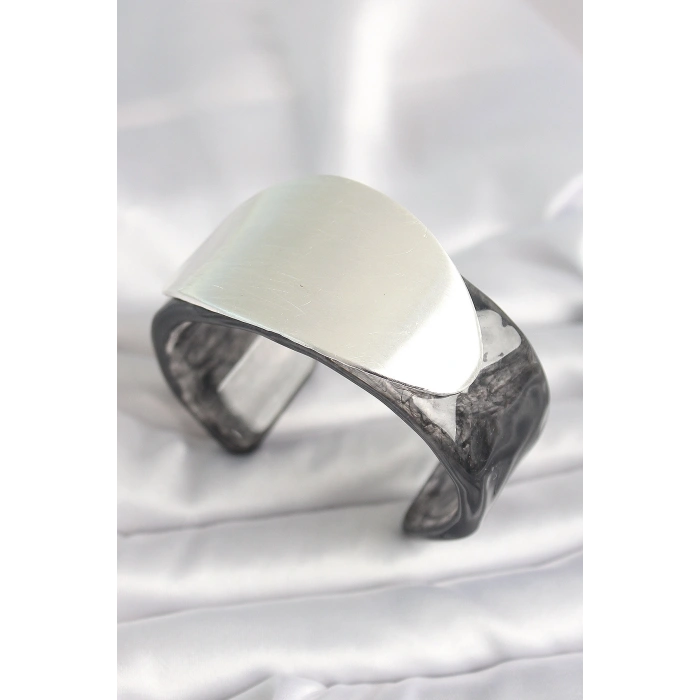 Siyah Mermer Desen Akrilik Plastik Gümüş Oval Plaka Model Vintage Kadın Bilezik