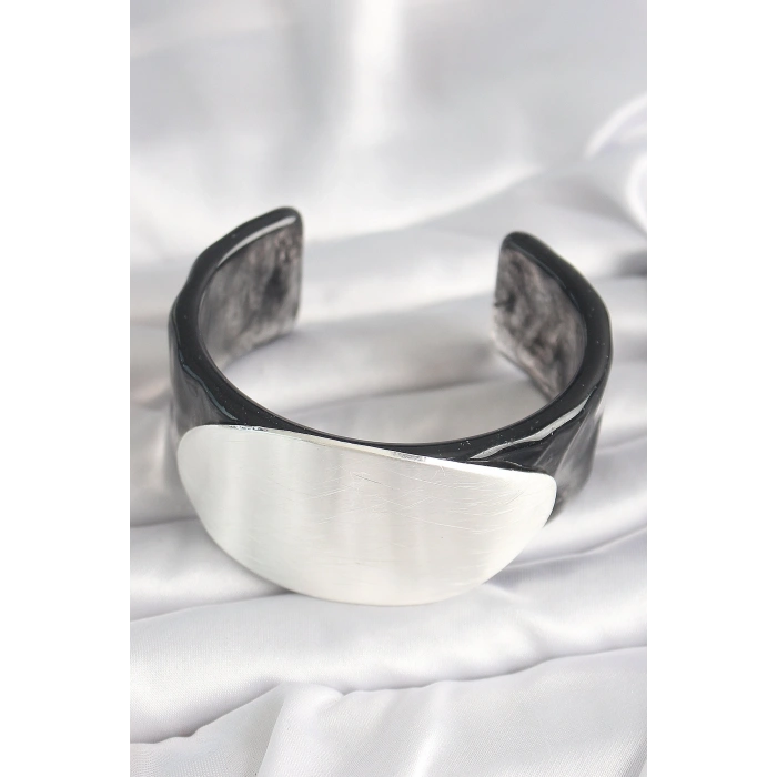 Siyah Mermer Desen Akrilik Plastik Gümüş Oval Plaka Model Vintage Kadın Bilezik