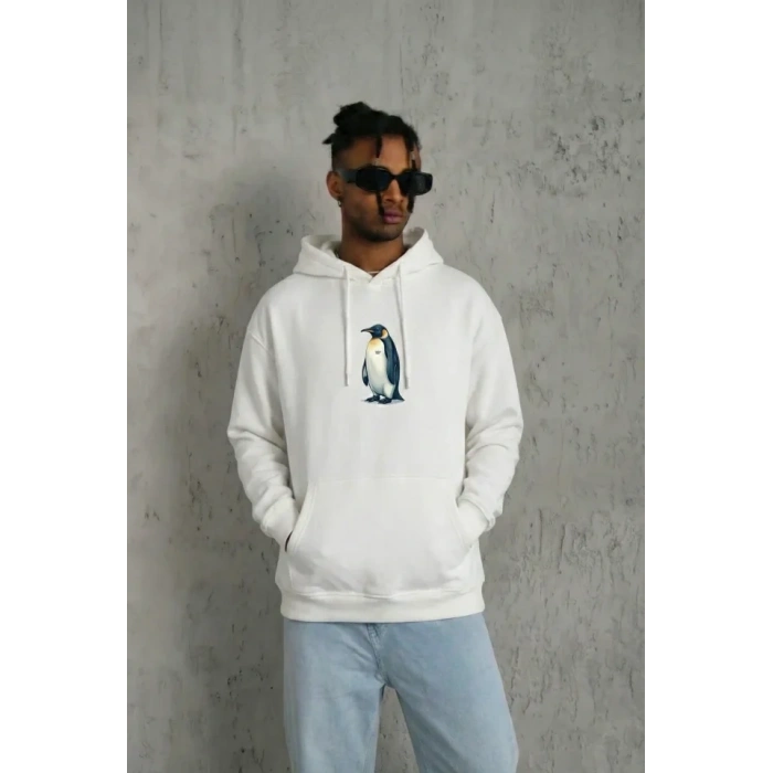 Siyah Oversize Hoodie - Sırt Baskılı Survivor Penguin Temalı, Felsefi Yazılı Kapüşonlu Sweatshirt - Beyaz