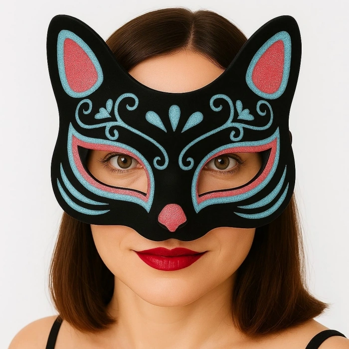 Siyah Renk Süet Kaplama Üzeri Mavi Kırmızı Simli Kedi Maskesi 17x14 cm