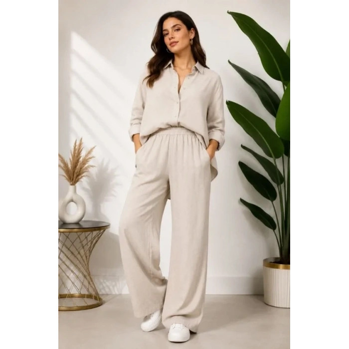 Sofya Keten Gömlek Pantolon Alt Üst Takım Uzun Kollu - Krem