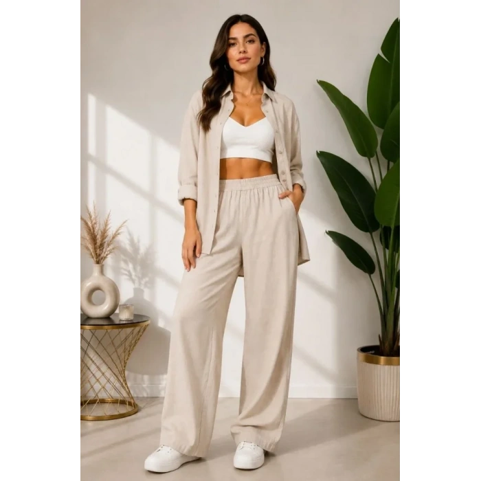 Sofya Keten Gömlek Pantolon Alt Üst Takım Uzun Kollu - Krem