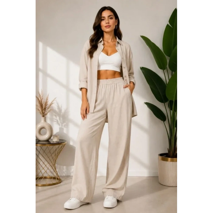 Sofya Keten Gömlek Pantolon Alt Üst Takım Uzun Kollu - Krem