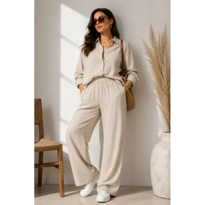 Sofya Keten Gömlek Pantolon Alt Üst Takım Uzun Kollu - Krem
