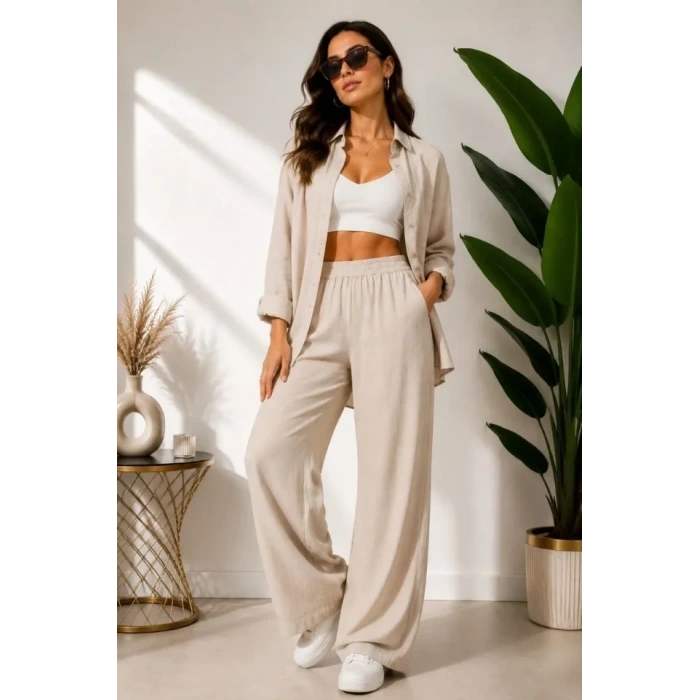Sofya Keten Gömlek Pantolon Alt Üst Takım Uzun Kollu - Krem