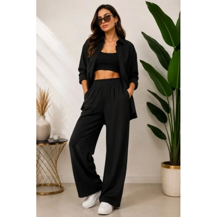Sofya Keten Gömlek Pantolon Alt Üst Takım Uzun Kollu - Siyah