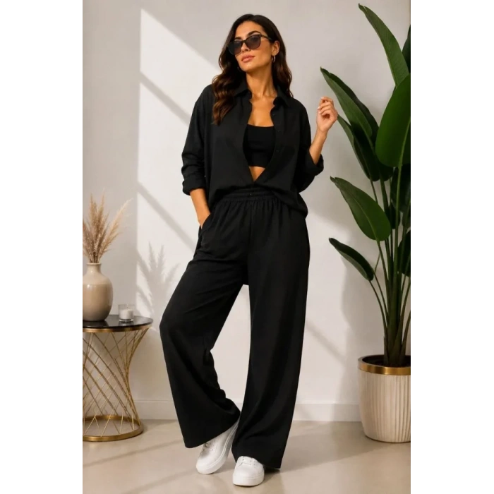 Sofya Keten Gömlek Pantolon Alt Üst Takım Uzun Kollu - Siyah