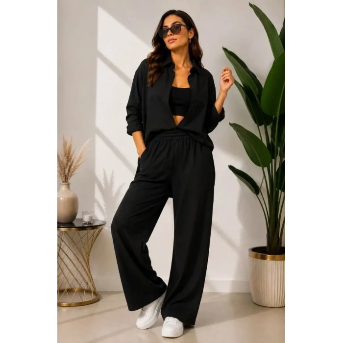 Sofya Keten Gömlek Pantolon Alt Üst Takım Uzun Kollu - Siyah