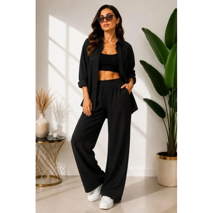 Sofya Keten Gömlek Pantolon Alt Üst Takım Uzun Kollu - Siyah