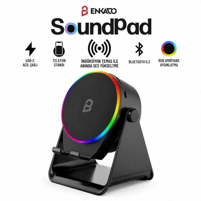 SoundPad Bluetooth Hoparlör - İndüksiyon Temas Özellikli - Telefon Standlı - Type-C Şarj - RGB Ambiyans Aydınlatma