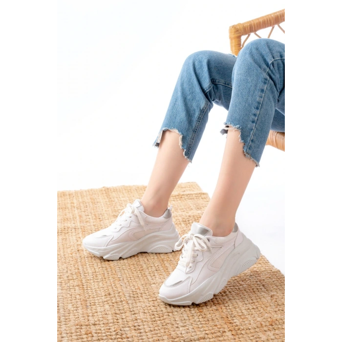 SP-149 Beyaz Gümüş Bağcıklı Fileli Günlük Spor Ayakkabı