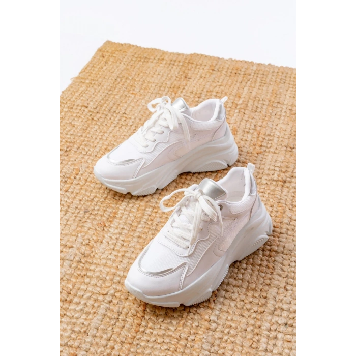 SP-149 Beyaz Gümüş Bağcıklı Fileli Günlük Spor Ayakkabı