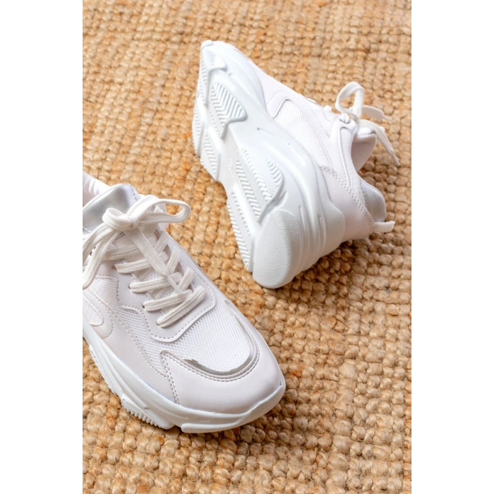 SP-149 Beyaz Gümüş Bağcıklı Fileli Günlük Spor Ayakkabı