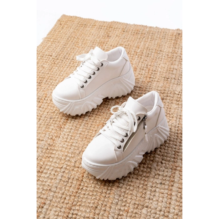 SP-156 Beyaz Bağcıklı Fermuarlı Yüksek Taban Günlük Spor Ayakkabı