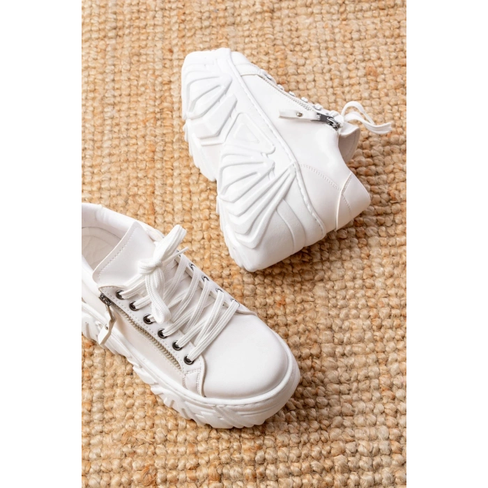 SP-156 Beyaz Bağcıklı Fermuarlı Yüksek Taban Günlük Spor Ayakkabı