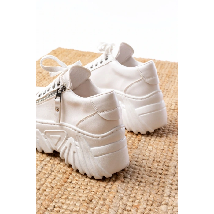 SP-156 Beyaz Bağcıklı Fermuarlı Yüksek Taban Günlük Spor Ayakkabı