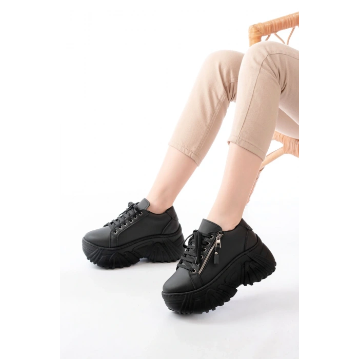 SP-156 Siyah Bağcıklı Fermuarlı Yüksek Taban Günlük Spor Ayakkabı