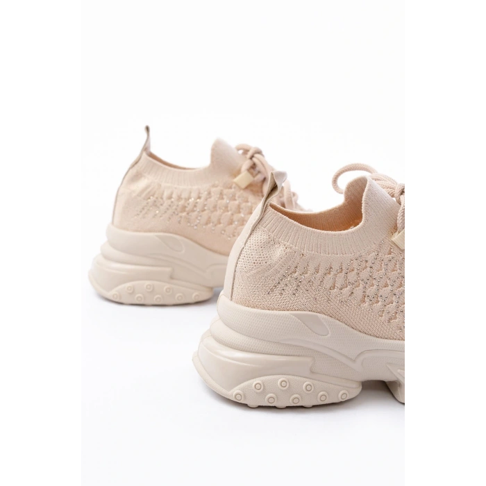 SP-2024 Bej Günlük Bağcıklı Fileli Taş Aksesuarlı Kadın Spor Ayakkabı