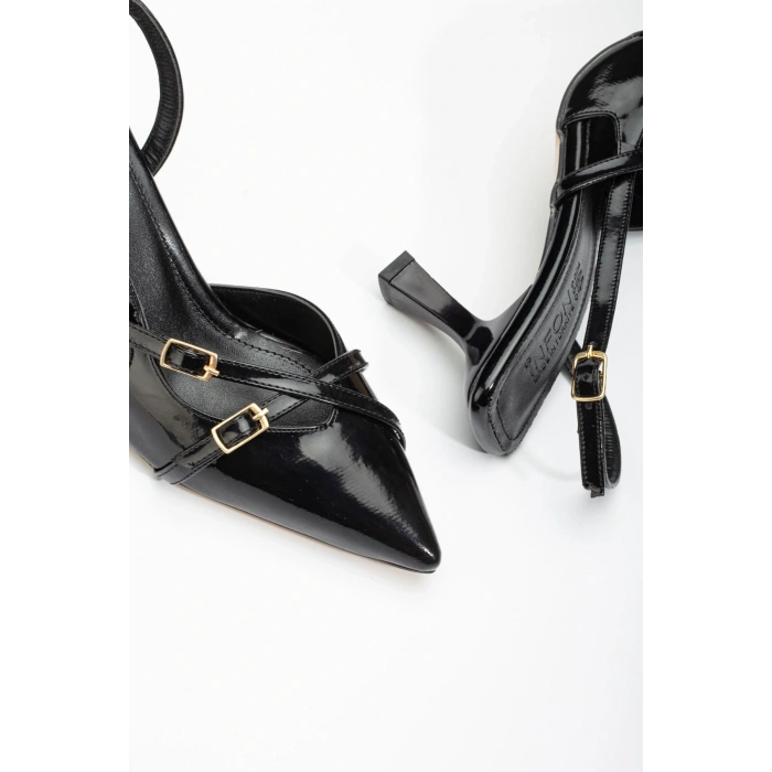 ST-005 Siyah Rugan Günlük 7 cm Topuklu Bayan Ayakkabı