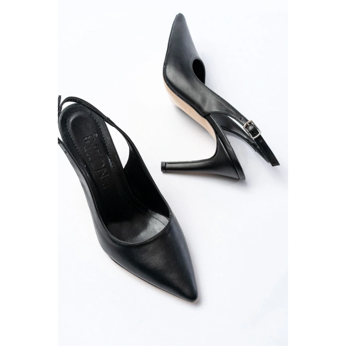 ST-1153 Siyah Günlük Arkası Açık 9 cm Topuklu Kadın Ayakkabı