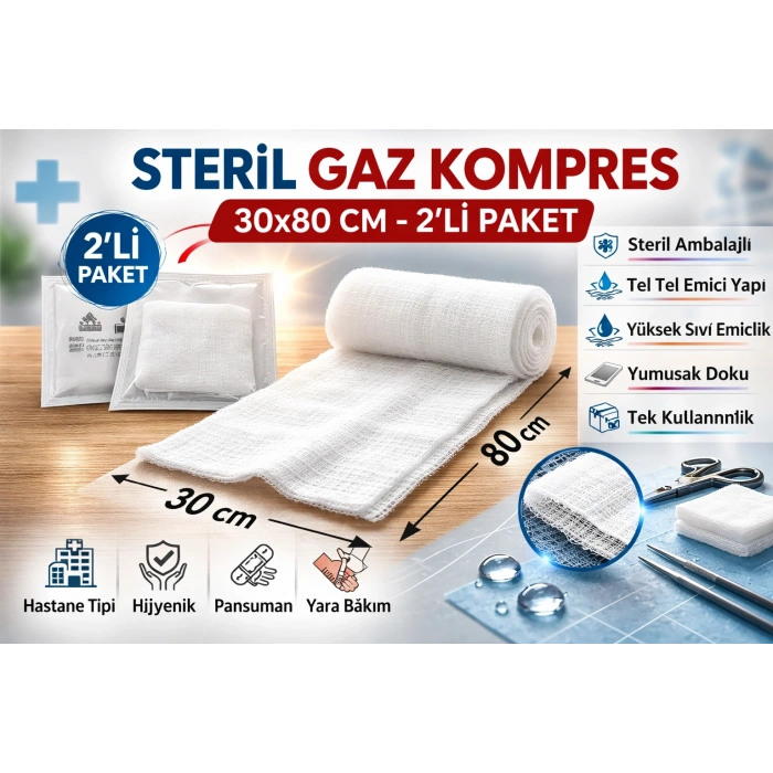 Steril Gaz Kompres 30x80 cm 2li 1 Paket Tel Tel Spanç Steril Gazlı Bez Yara Bakım Kompresi