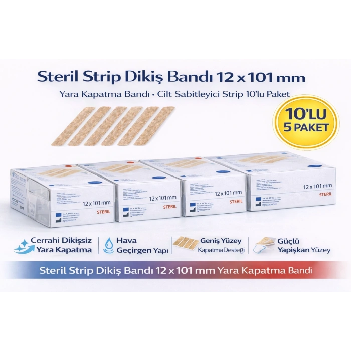 Steril Strip Dikiş Bandı 12 x 101 mm Yara Kapatma Bandı Cilt Sabitleyici Strip 10’lu 5 Paket