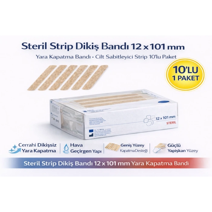 Steril Strip Dikiş Bandı 12 x 101 mm Yara Kapatma Bandı Cilt Sabitleyici Strip 10’lu Paket