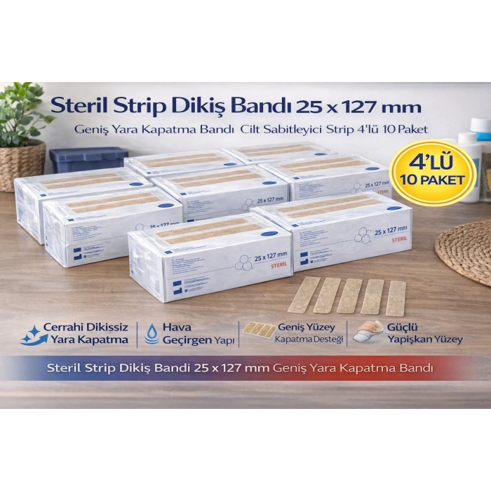 Steril Strip Dikiş Bandı 25 x 127 mm Geniş Yara Kapatma Bandı Cilt Sabitleyici Strip 4’lü 10 Paket