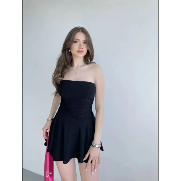 Straplez Mini Etek Görünümlü Şortlu Elbise Büzgülü Şık Yazlık - Siyah