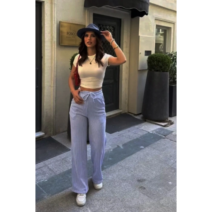 Su Yolu Çizgili Cepli Pantolon - Açık Mavi