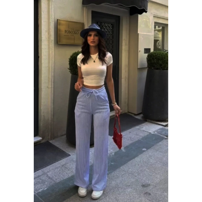 Su Yolu Çizgili Cepli Pantolon - Açık Mavi