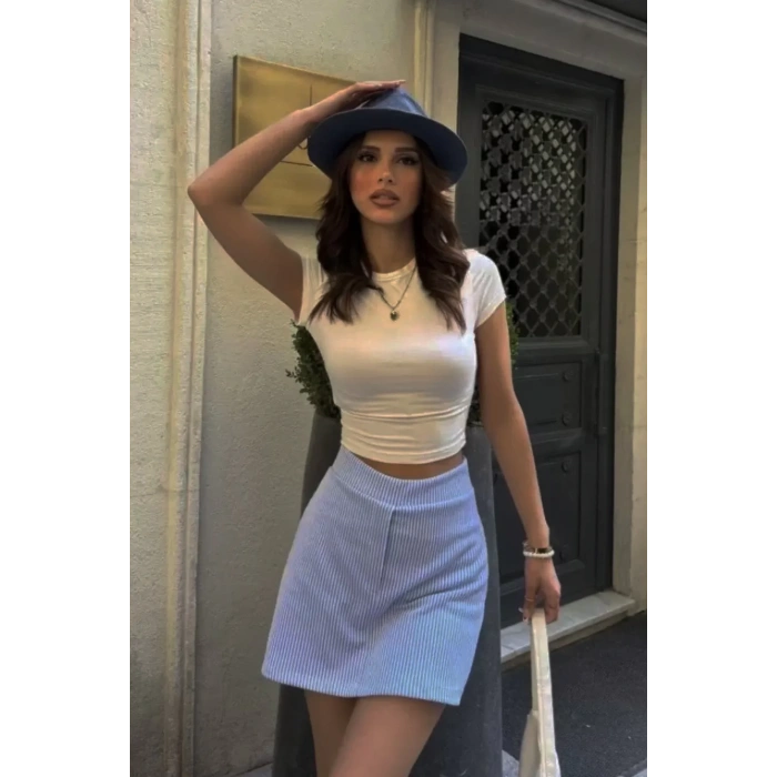 Su Yolu Çizgili Mini Boy Etek - Bej