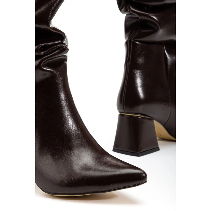 SYT-2002 Kahve Kırışık Rugan Körüklü Kalın Topuklu Günlük Bayan Çizme